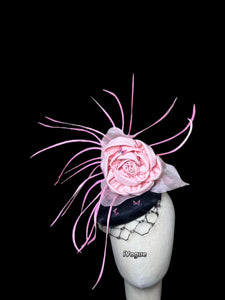 Black fascinator button veils cover and pink flower matching dress