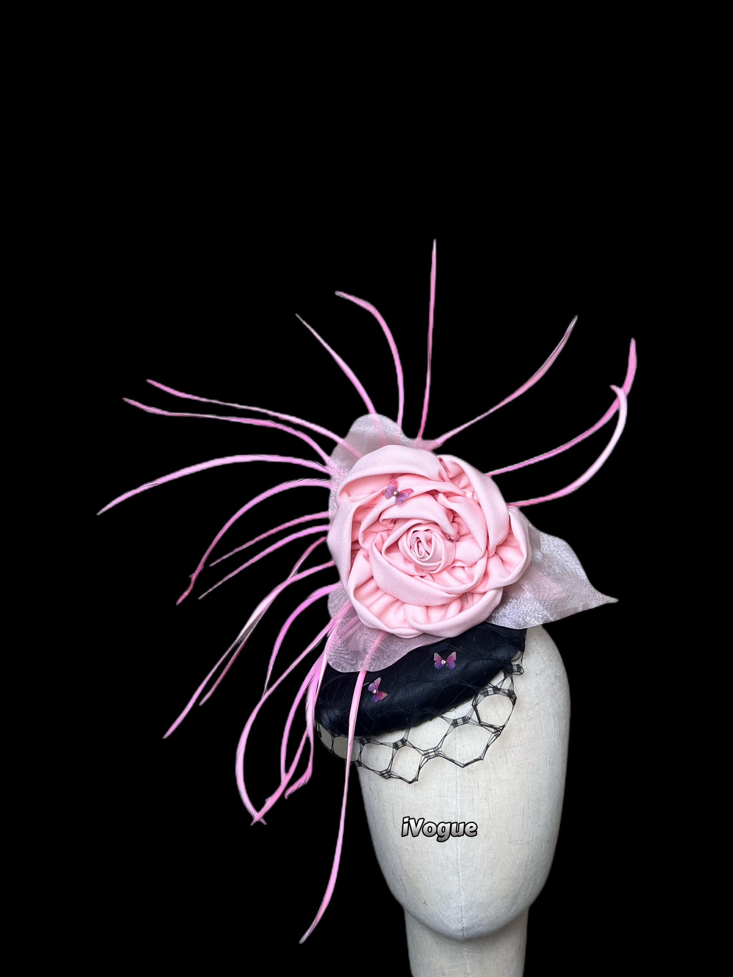 Black fascinator button veils cover and pink flower matching dress