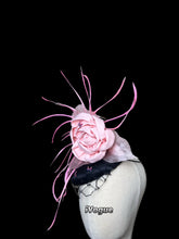 Load image into Gallery viewer, Black fascinator button veils cover and pink flower matching dress
