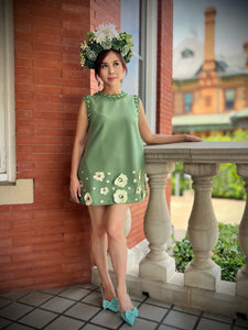 Kira dress in green Rhinestones pearls 3D flowers