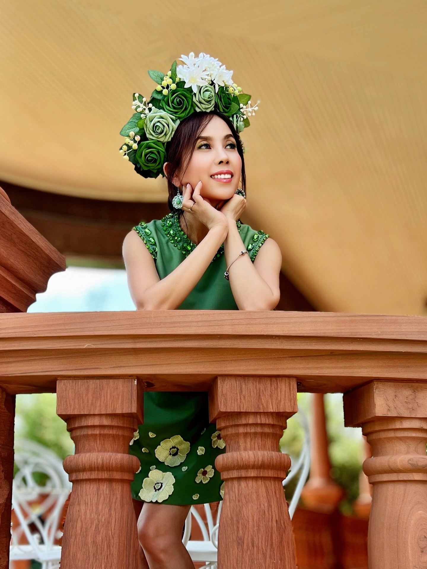 Kira dress in green Rhinestones pearls 3D flowers